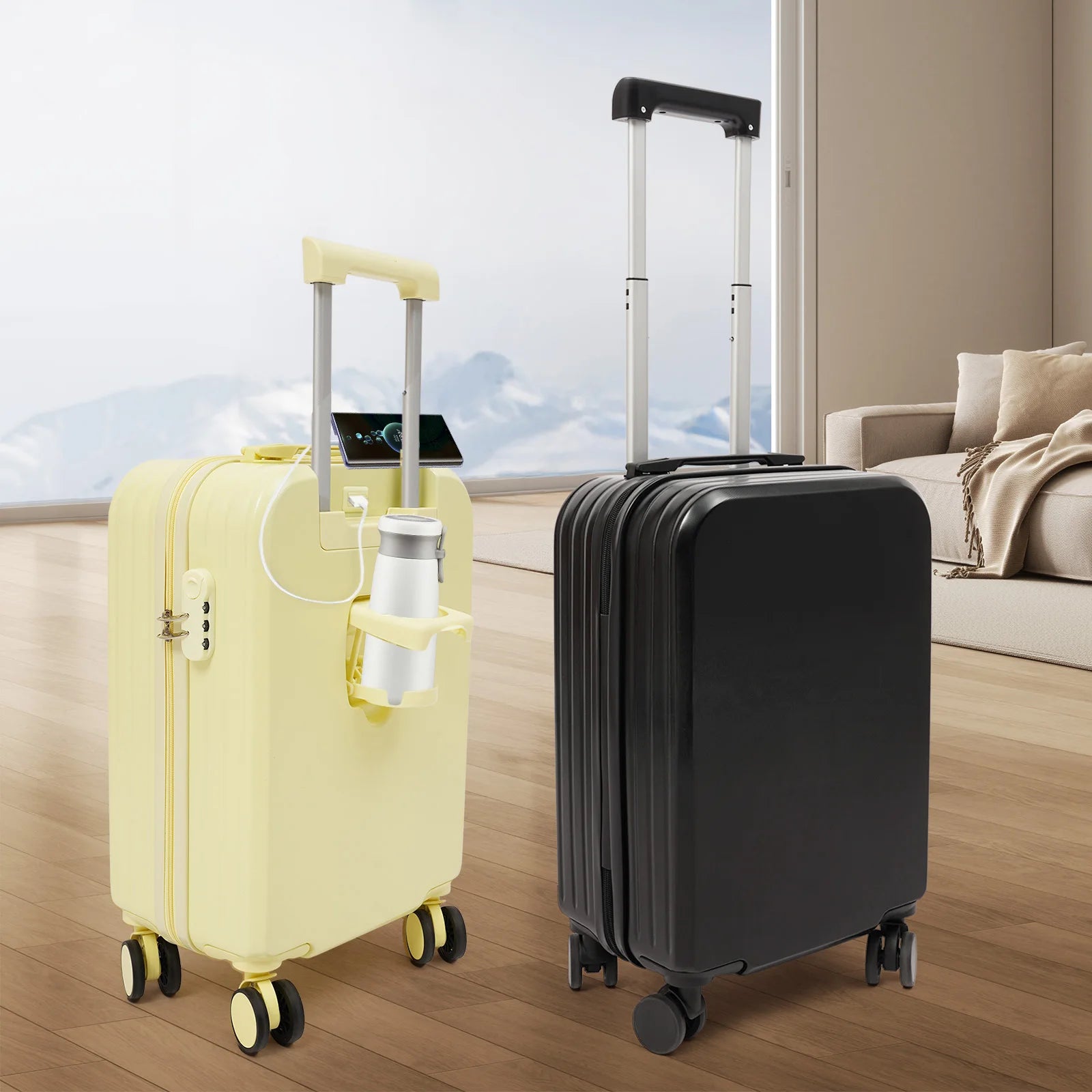 20" Carry On Luggage with Cup Holder USB Port Hard Top Handle Shell Rolling Travel Suitcase with Spinner Wheels