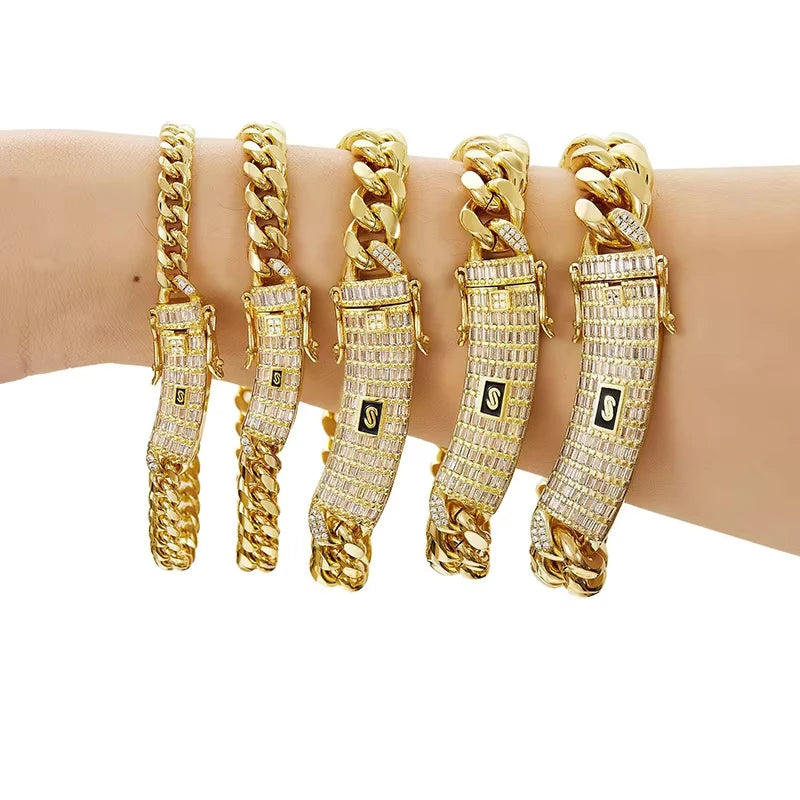 6-14mm Gold Color Stainless Steel Cuban Miami Chains Necklaces CZ Zircon Box Lock Link Chain for Unisex Hip Hop Rapper Jewelry