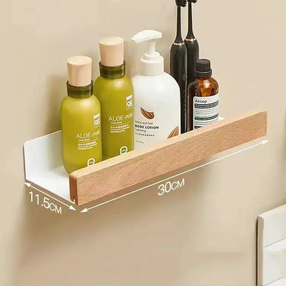 Bathroom Wood Shelf Holder Bath Shower Corner Rack Wall Mounted No Drill Shelves Organizer Kitchen Bathroom Storage Accessories