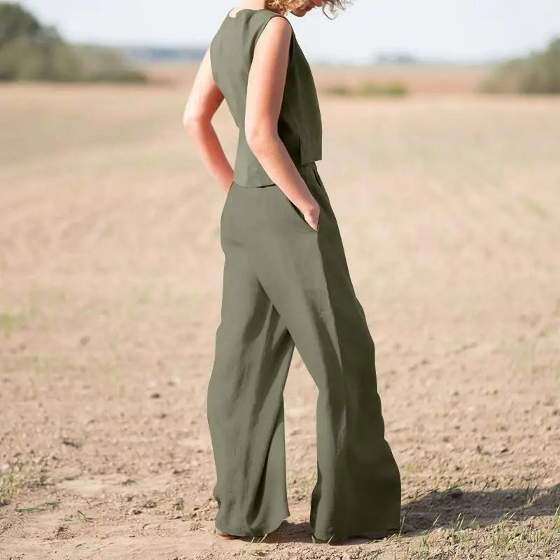 Women's Suit 2025 Women's Solid Color Retro Pants Suit Cotton and Linen Casual Long Sleeve Loose Cotton Suit 2 Piece Set