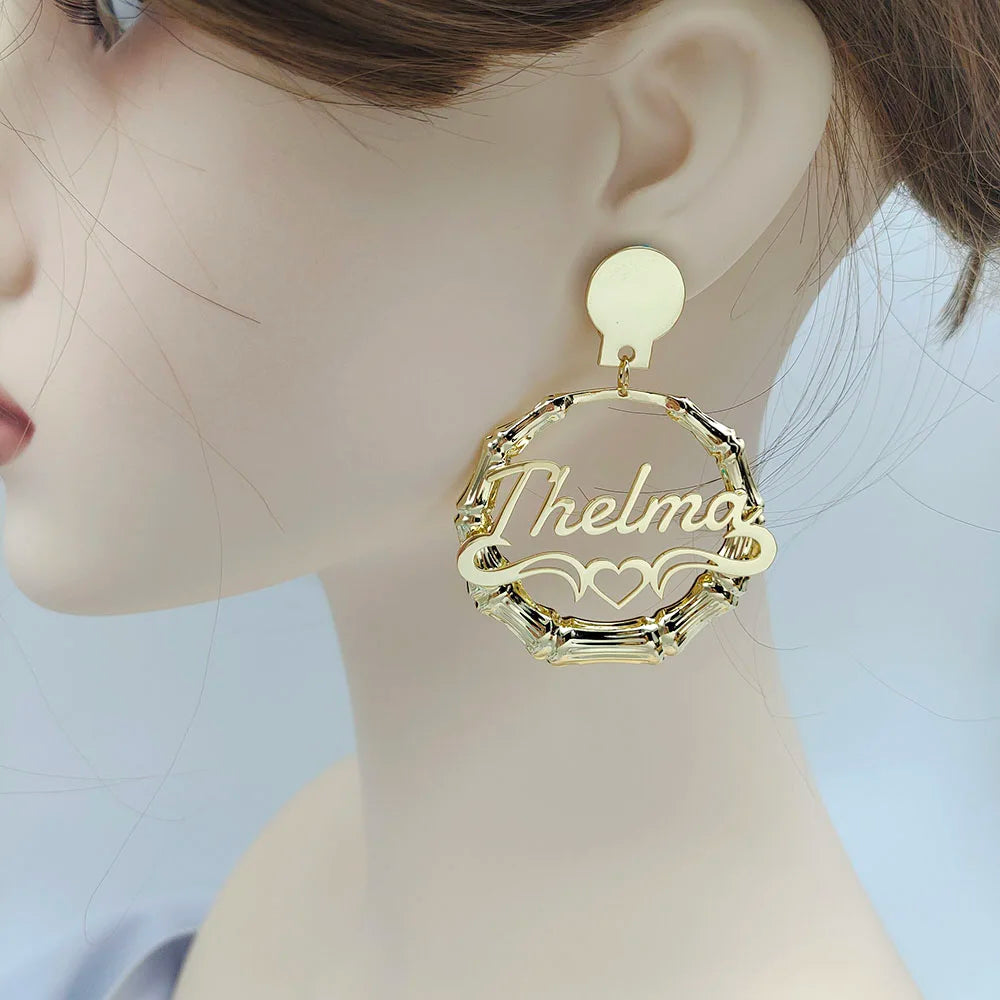 Custom Name Earrings Ear Clip Bamboo Hiphop Fashion Bamboo Circle Round Earrings Personalized Customization Letters For Women