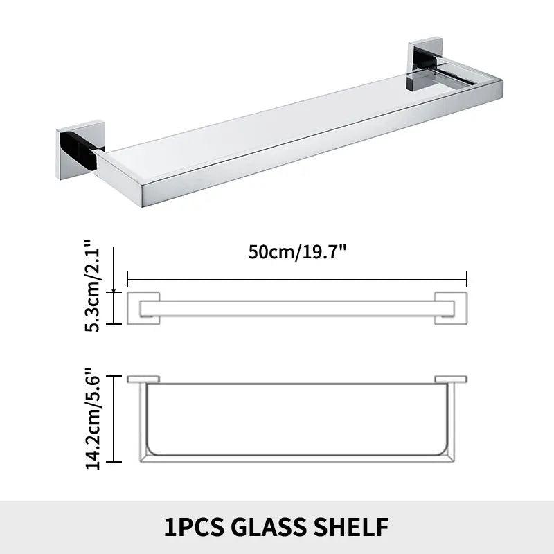 Bathroom Wall Shelf with Rectangle Tempered Glass Stainless Steel Wall Mount Glass Square Shelves Kitchen Organizer Rack Black