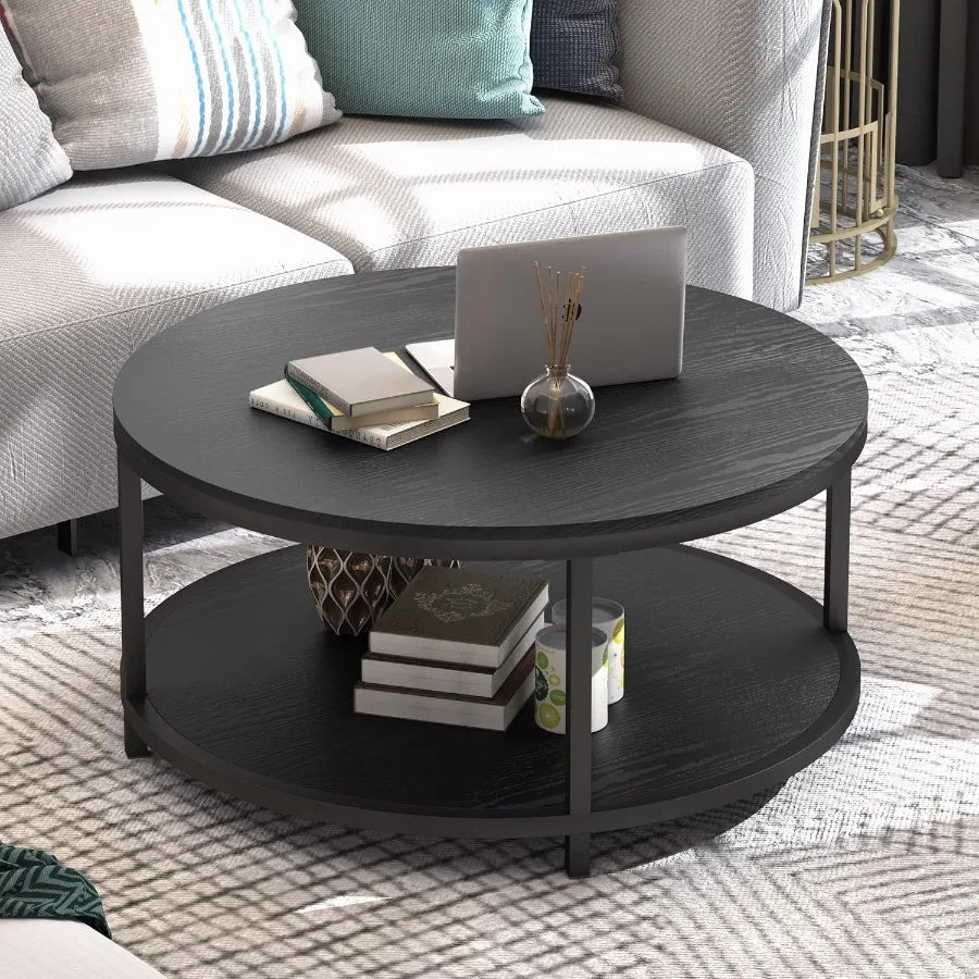 Round Coffee Table Black 35.8 Circle Coffee Tables for Living Room Rustic Industrial Design with Sturdy Metal Frame Legs and Op