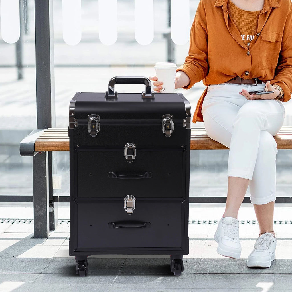 Makeup Train Case,Rolling Beauty Salon Luggage Hairdressing Trolley Travel Organizer Tool Box Cosmetic Luggage (Black Small)