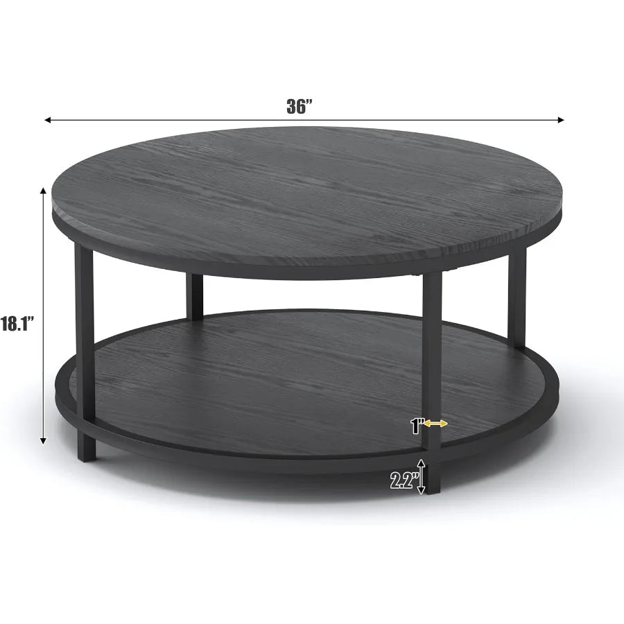 Round Coffee Table Black 35.8 Circle Coffee Tables for Living Room Rustic Industrial Design with Sturdy Metal Frame Legs and Op