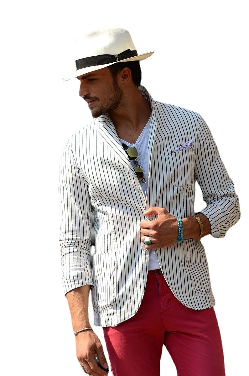 Men's Suit Cotton Linen Loose Striped Thin Casual Suit Jacket for Men Blazer