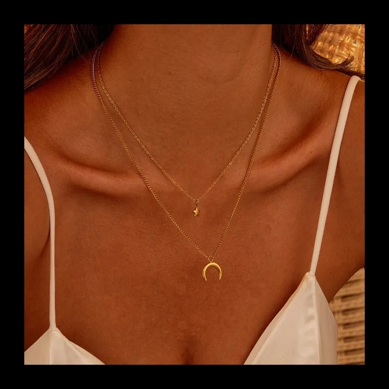 Personality Temperament Retro Style Necklace Stainless Steel Plated Real Gold Moon Star Titanium Steel Necklace