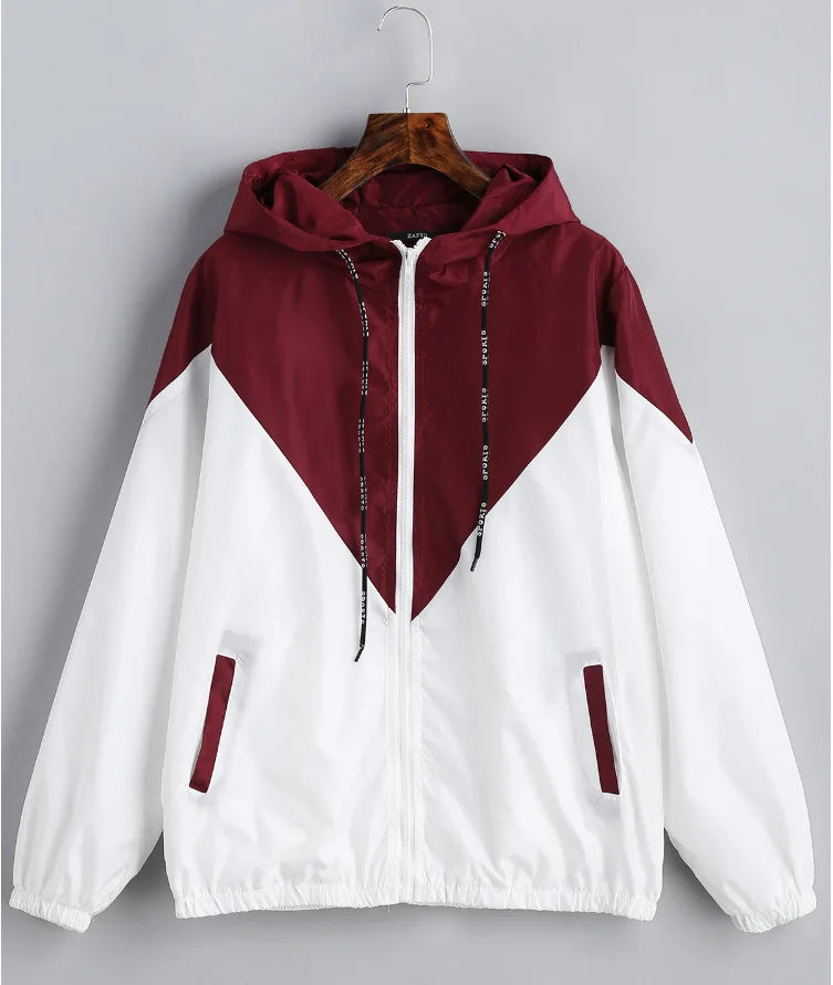 New Outdoor Jacket Coat Womens Long Sleeve Patchwork Thin Skin Suits Hooded Zip Stitching Outwear Coat Running Sport Jacket