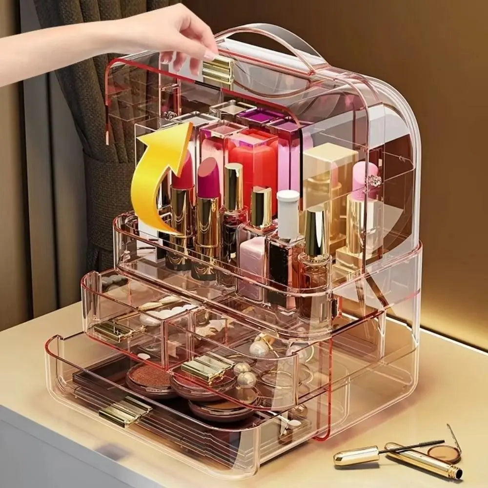 Drawer Style Cosmetics Storage Box with Lid and Handle Clear Skincare Display Cases Dustproof Multilayer Makeup Storage Rack