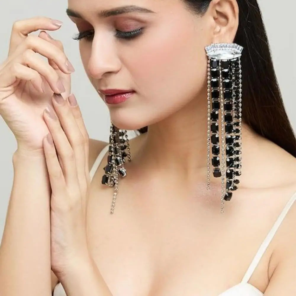 Stonefans Fashion Long Tassel Earrings Women Luxury Ear Accessoreis Exaggerated Geometric Rhinestone Dangle Earring Party Gift