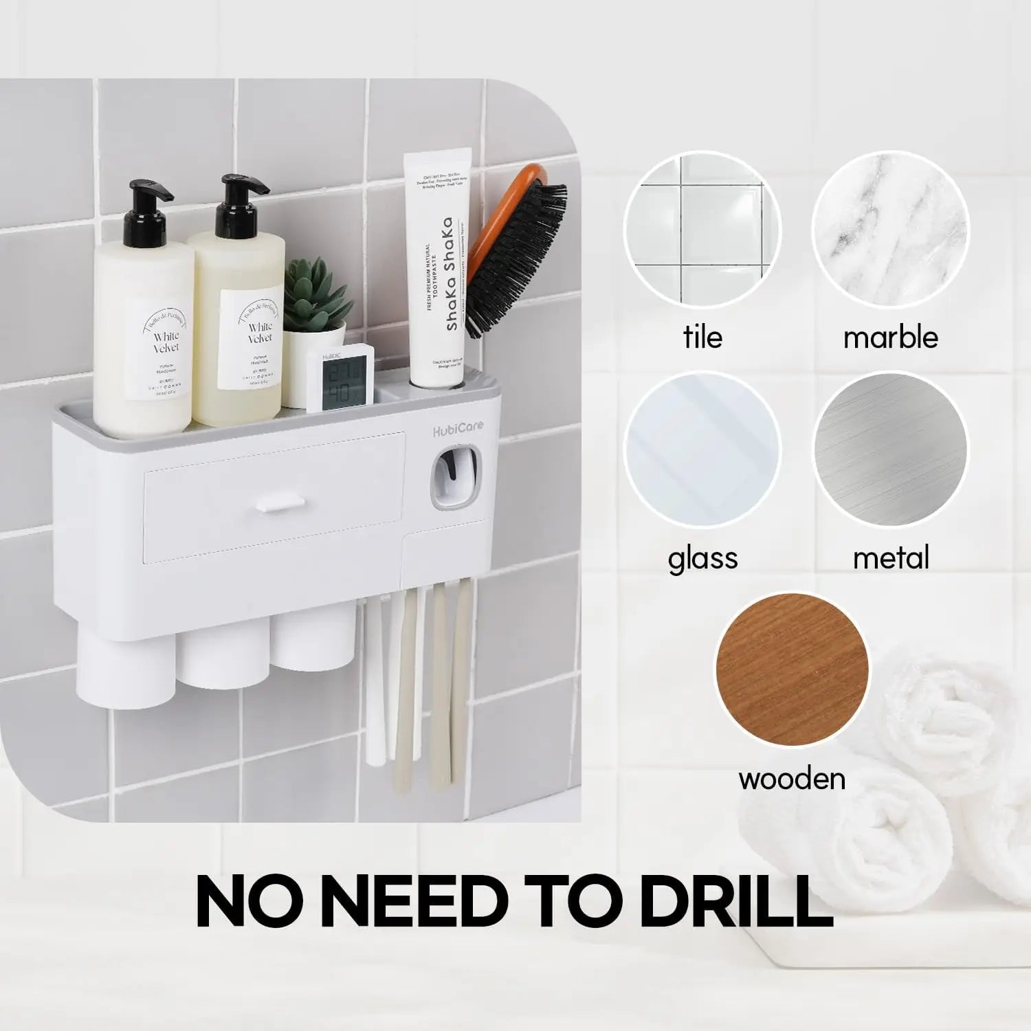 HubiCare Toothbrush Holder with Toothpaste Dispenser Wall Mounted for Bathroom, Automatic Toothpaste Squeezer, Bathroom Organiza