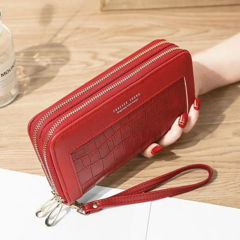 Double Zipper Long Wallet For Women Large Capacity PU Leather Clutch Mobile Phone Bag Coin Cash Card Holder Purse