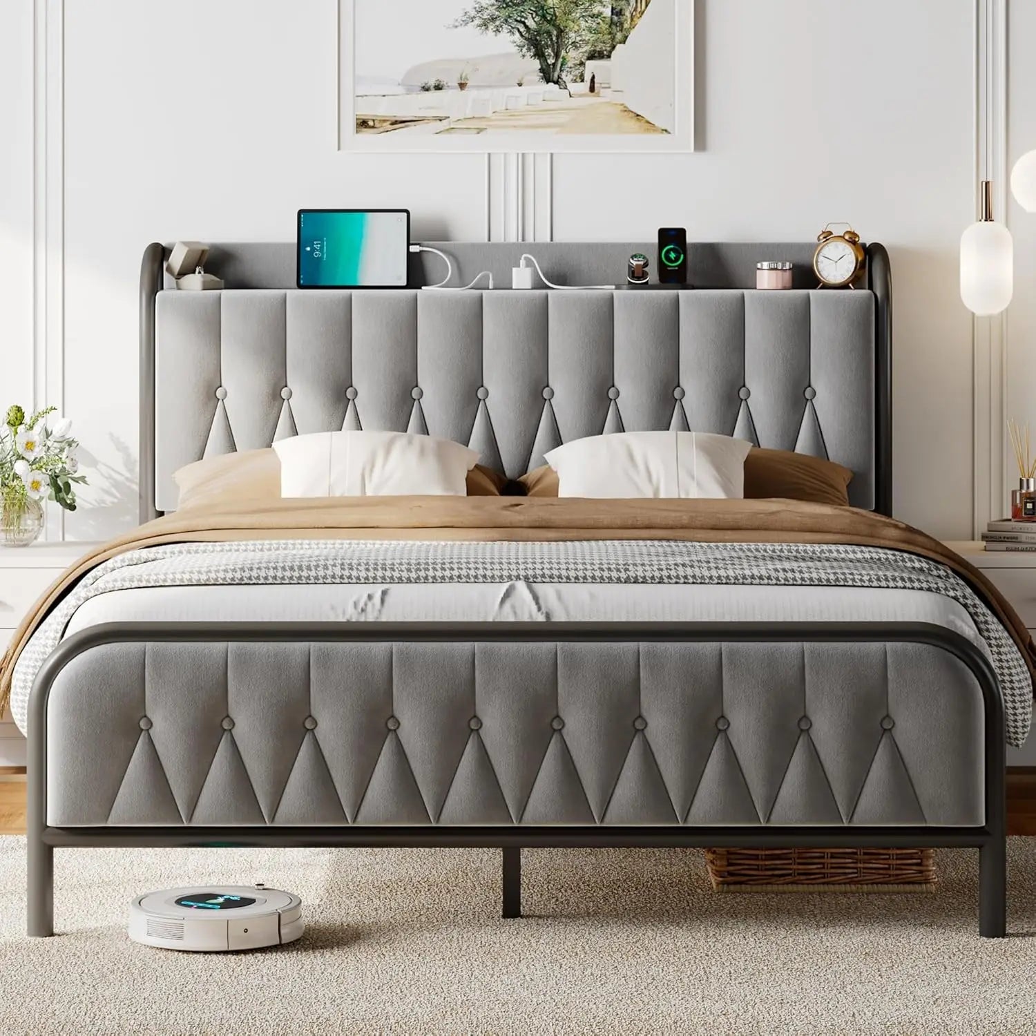 full-king Size Bed Frame with Fast Charging Station, 12" Underbed Storage Space, Easy Assembly, Noise-Free, Queen Bed Frame