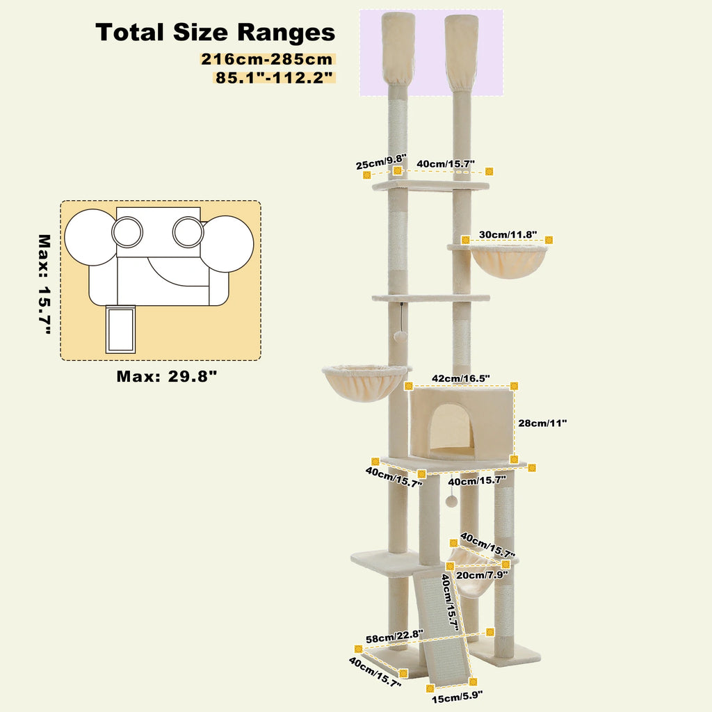 Tall Cat Tree with Adjustable Height Floor to Ceiling Cat Tower with Scratching Posts Soft Hammock Cat Condo for Indoor Cat Toys