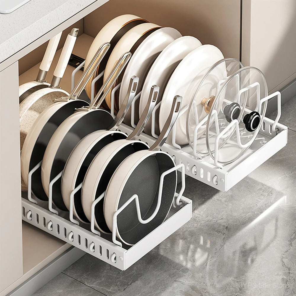 Kitchen Pots and Pans Organizer Under Cabinet Sliding Drawer Pot Lid Organizer Pull Out Cabinet Storage Tray with 8 Dividers