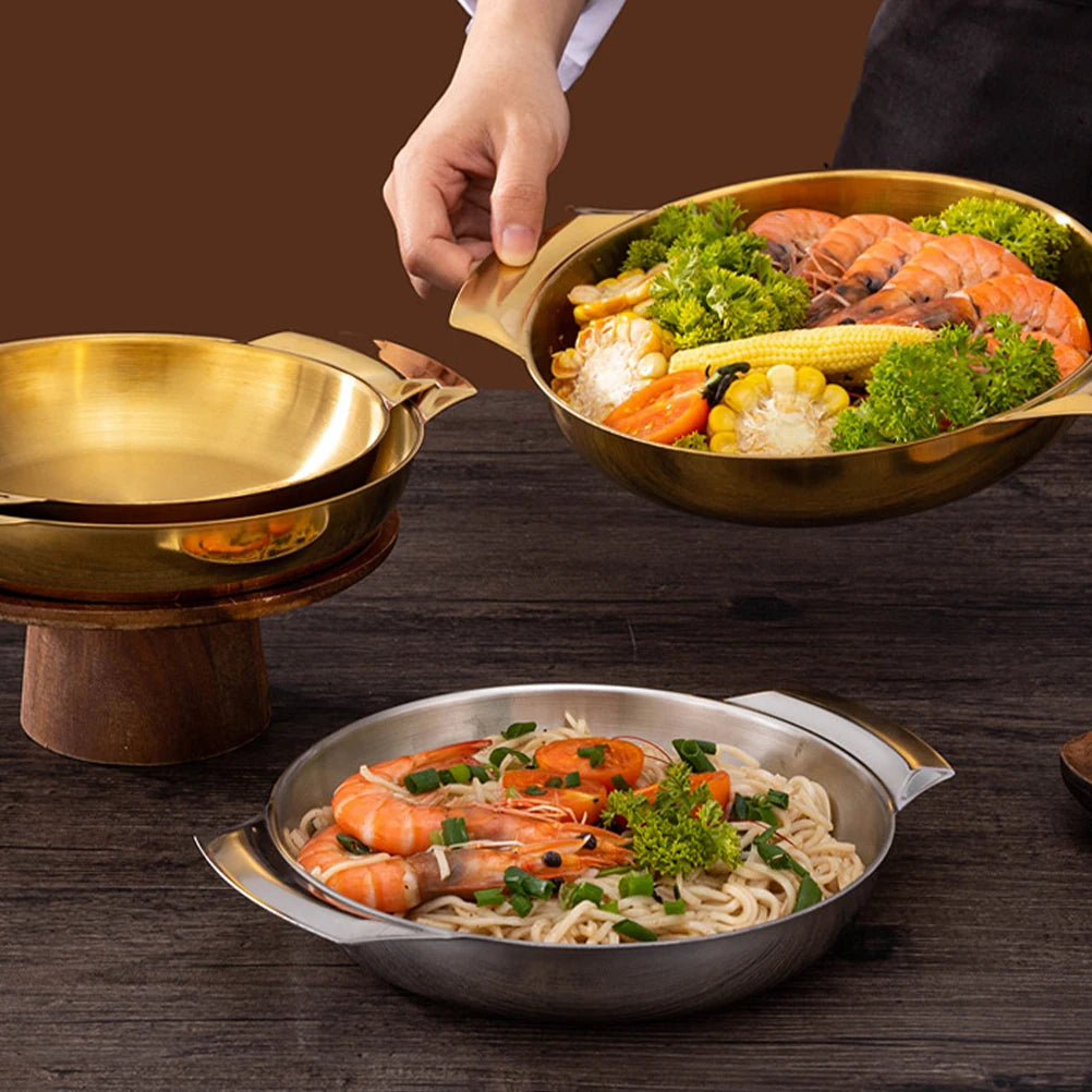 18cm 20cm Stainless Steel Dry Pot Double Ear Korean Seafood Pan Flat Bottom Cooking Pot Kitchenware For Restaurant