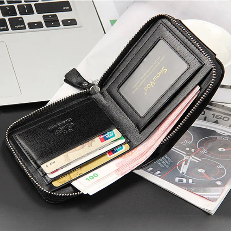 Horizontal Short PU Leather Wallet For Men With Zipper Money Bag Hasp Purse Credit Card Holder With ID Window