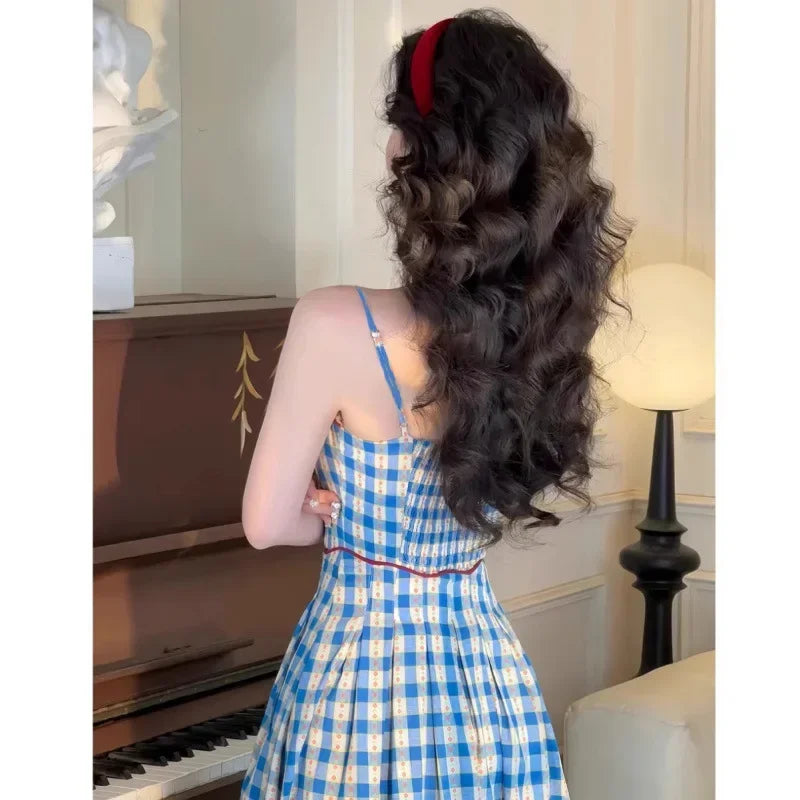 Summer Plaid Halter Dress Slimming Square Collar French Style Splicing Mini Dress Knee Length Empire Waistline Vintage Checkered