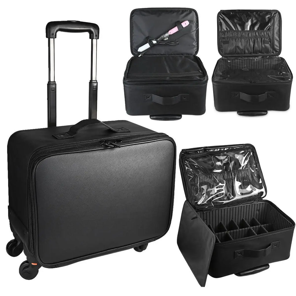 Large Rolling Makeup Case Professional Cosmetic Trolley on Wheels, Multi-Layer Embroidered Travel Organizer for Beauty