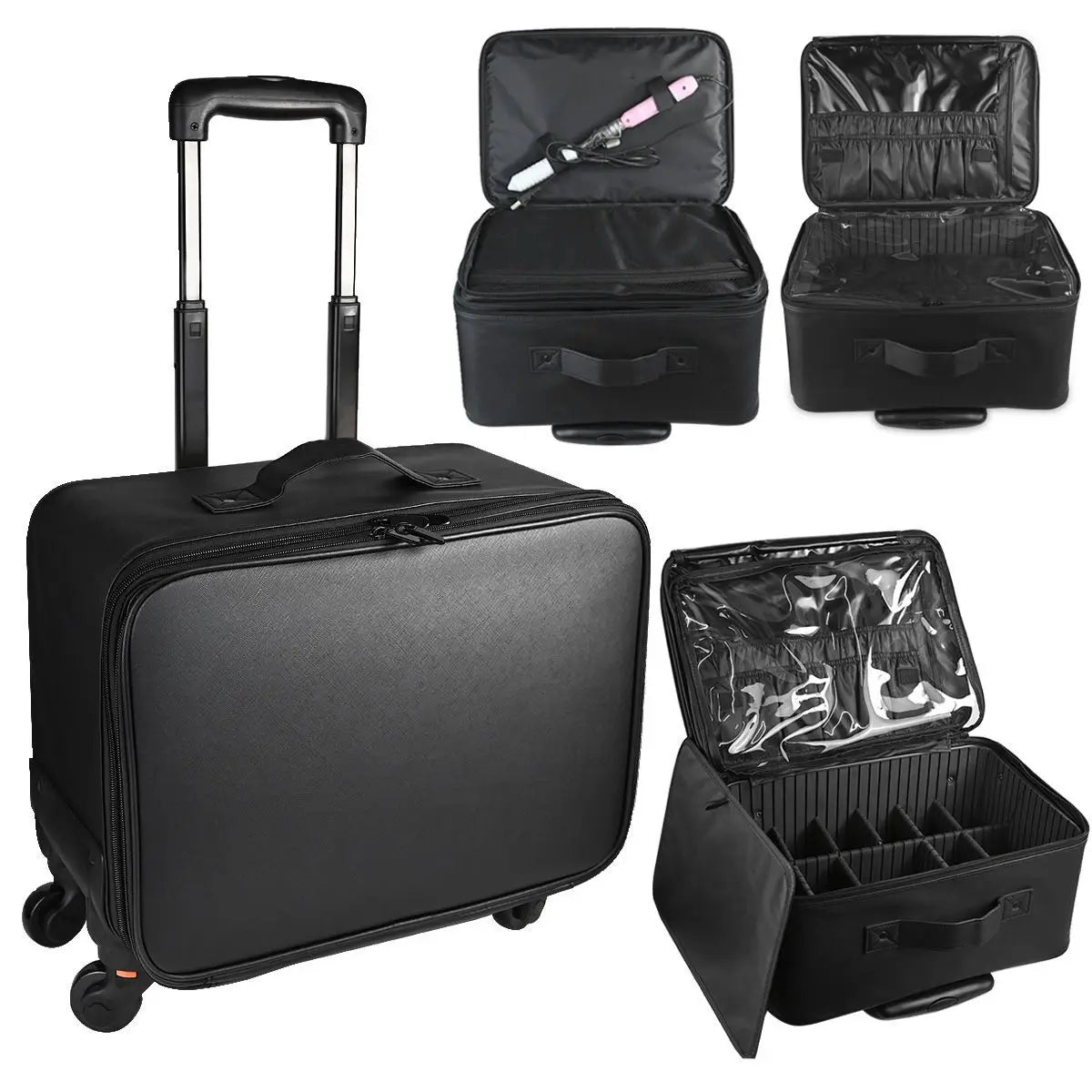 Large Rolling Makeup Case Professional Cosmetic Trolley on Wheels, Multi-Layer Embroidered Travel Organizer for Beauty