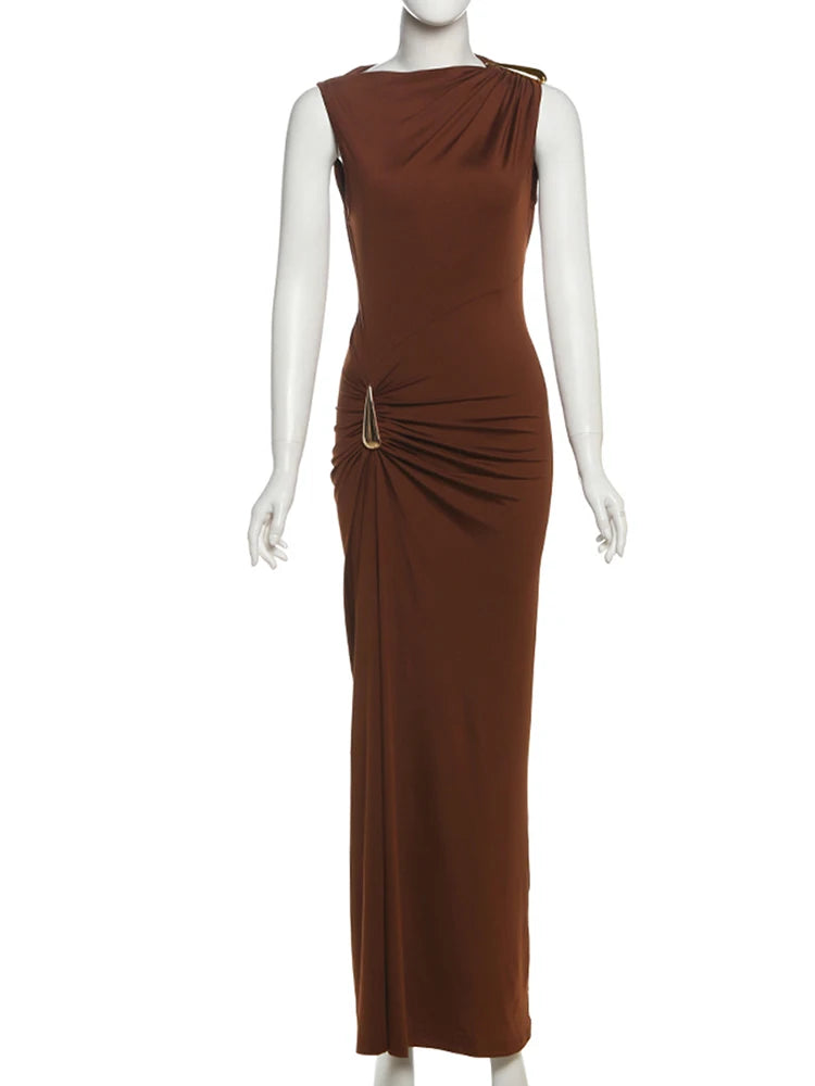 Weird Puss Classic Metal Ruched Women Dress Elegant Crew Neck Sleeveless Irregular Simple Summer Party Trend Stretch Vestidos