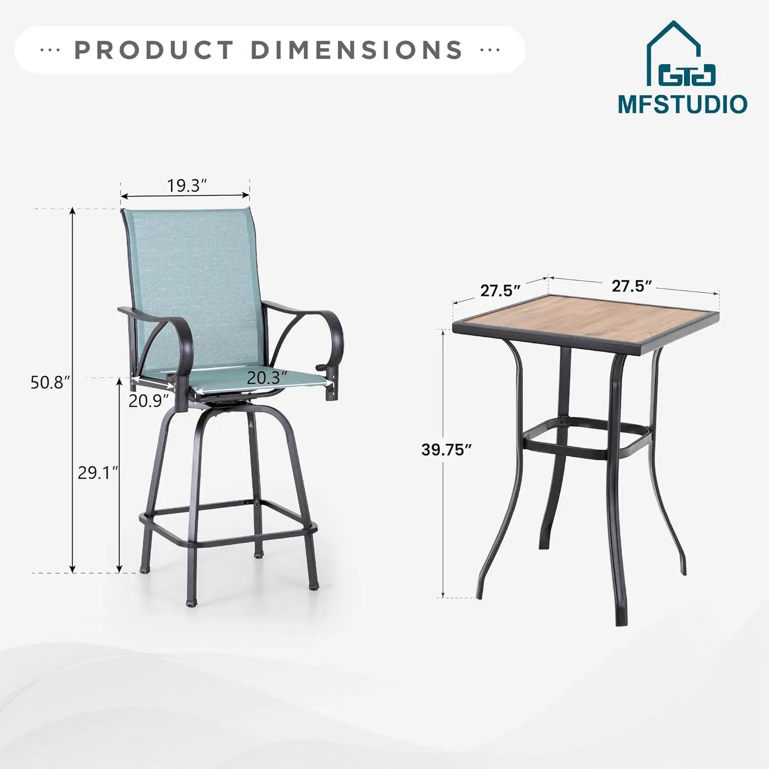 5-Piece Outdoor High Top Bar Set - Bar Height Table and Chairs for Patio, Waterproof Bistro Set for 4, Light Blue