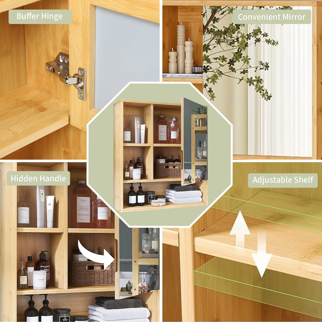 Medicine Cabinet with Mirror: Natural Bamboo Bathroom Vanity Mirror Cabinet Wall Mounted Cupboard with Storage Shelves for Bedro