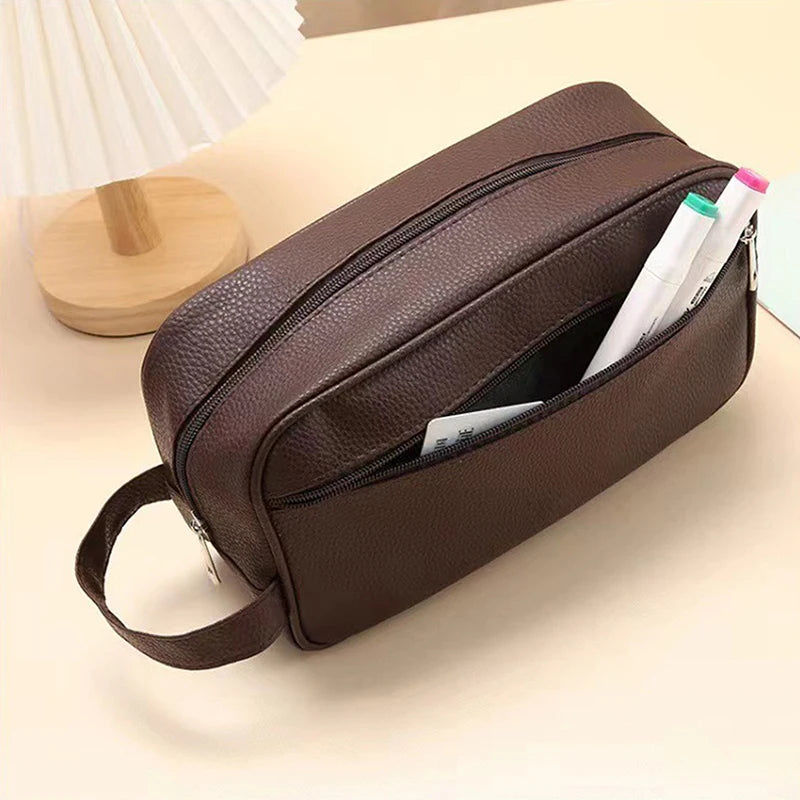 Men Business Travel Bag Zipper Makeup Bags PU Leather Travel Toiletry Bag Large Capacity Cosmetics Organizer Storage Pouch