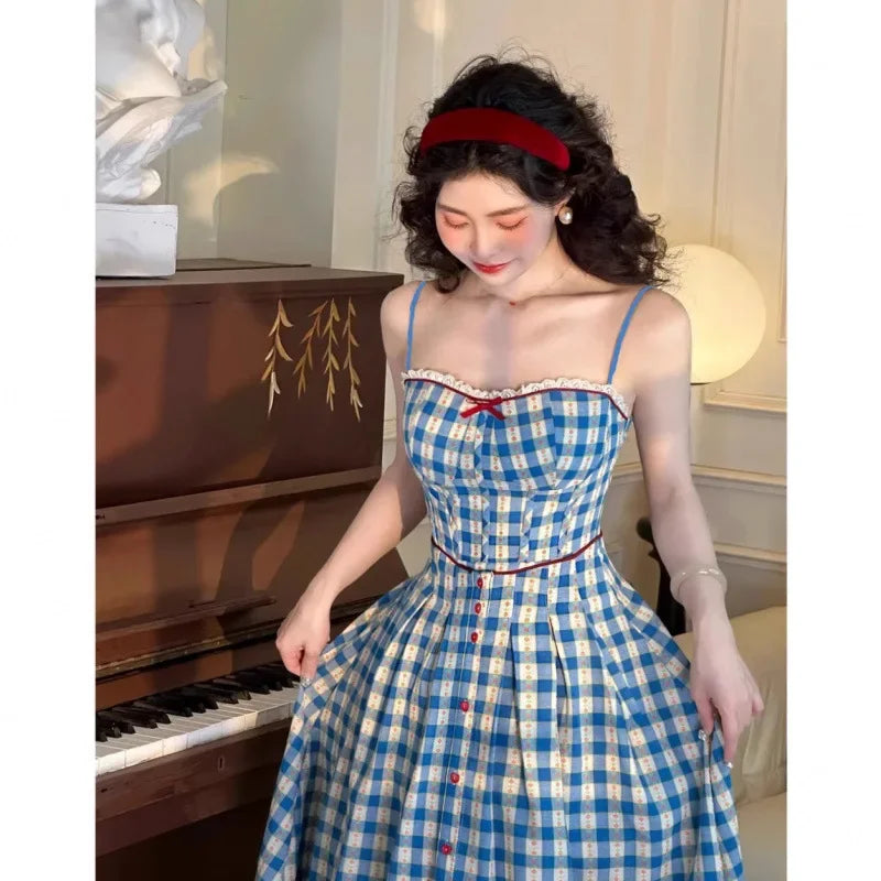 Summer Plaid Halter Dress Slimming Square Collar French Style Splicing Mini Dress Knee Length Empire Waistline Vintage Checkered