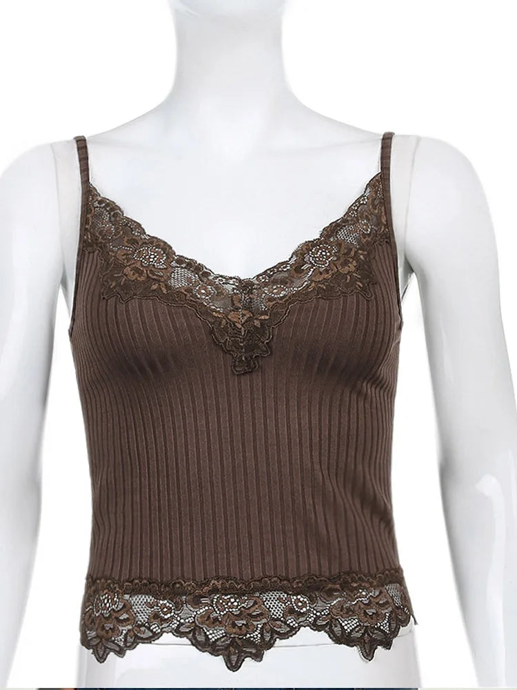 Gothic Basic Bodycon Women Camis Grunge Punk Black Casual Lace Trim Crop Tops Ribbed Backless Alt Clothes Summer