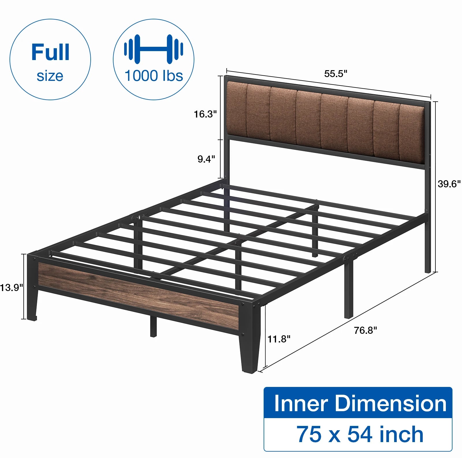 Twin/Full Bed Frame, Headboard Upholstered Bed Frame Platform, All Metal Slats Support Platform Bed Frame with Storage Space
