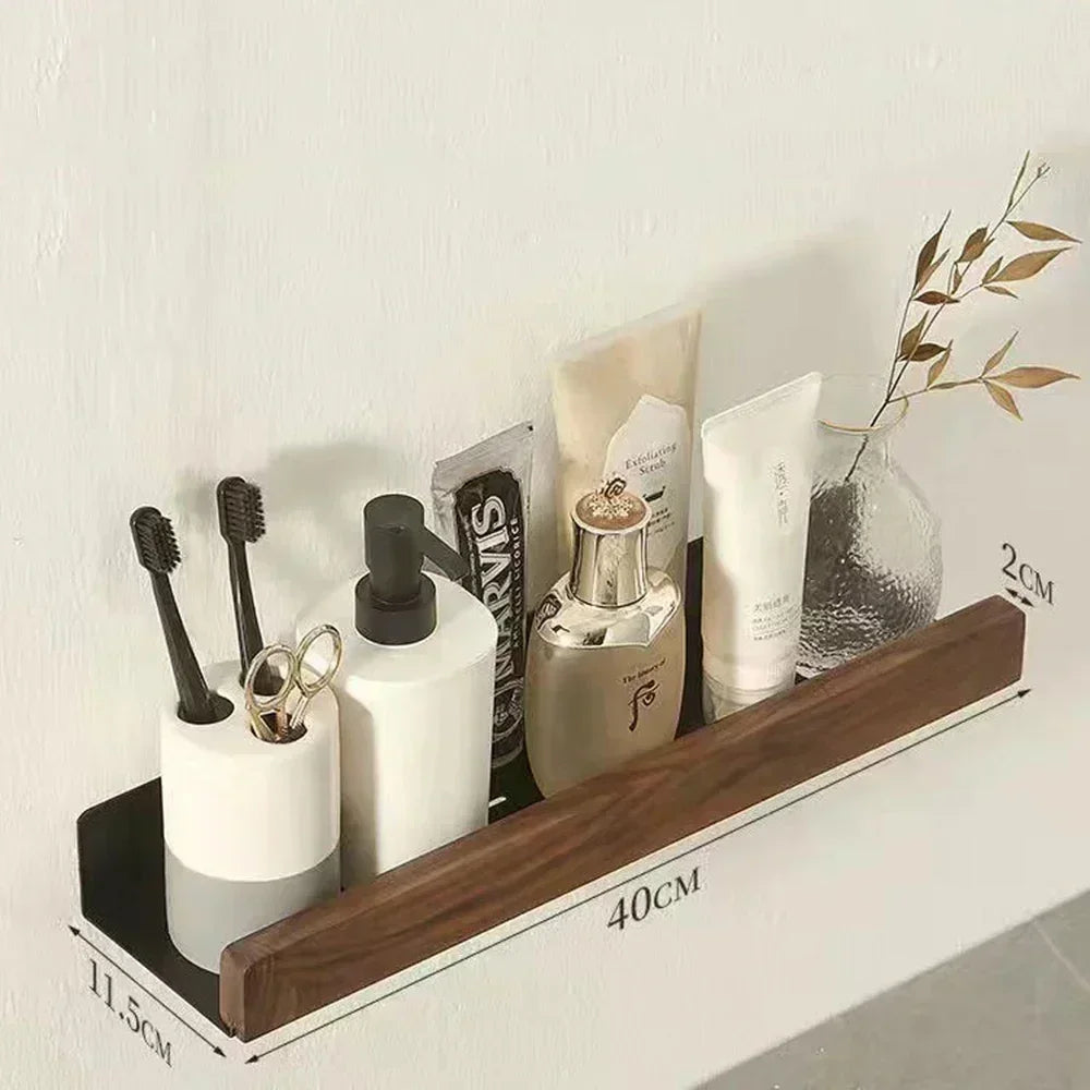 Bathroom Wood Shelf Holder Bath Shower Corner Rack Wall Mounted No Drill Shelves Organizer Kitchen Bathroom Storage Accessories
