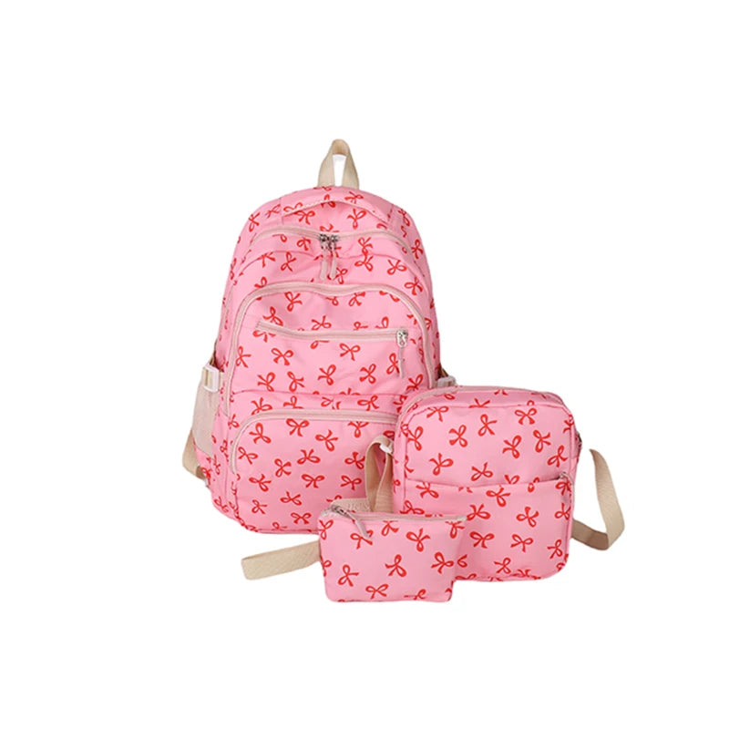 3Pcs/Set Bow Print Backpack with Crossbody Bag and Small Purse Bow Student Bookbag Cute Laptop Backpack for Teens Girls