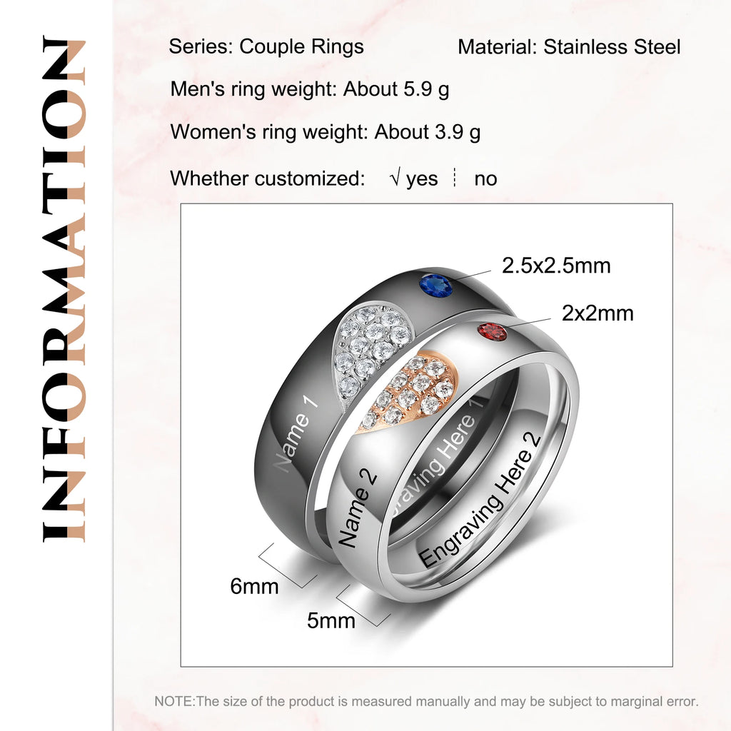 Personalized Stainless Steel Heart Couple Rings for Lovers Engrave Name With Birthstone Customized Gift for Boyfriend Girlfriend