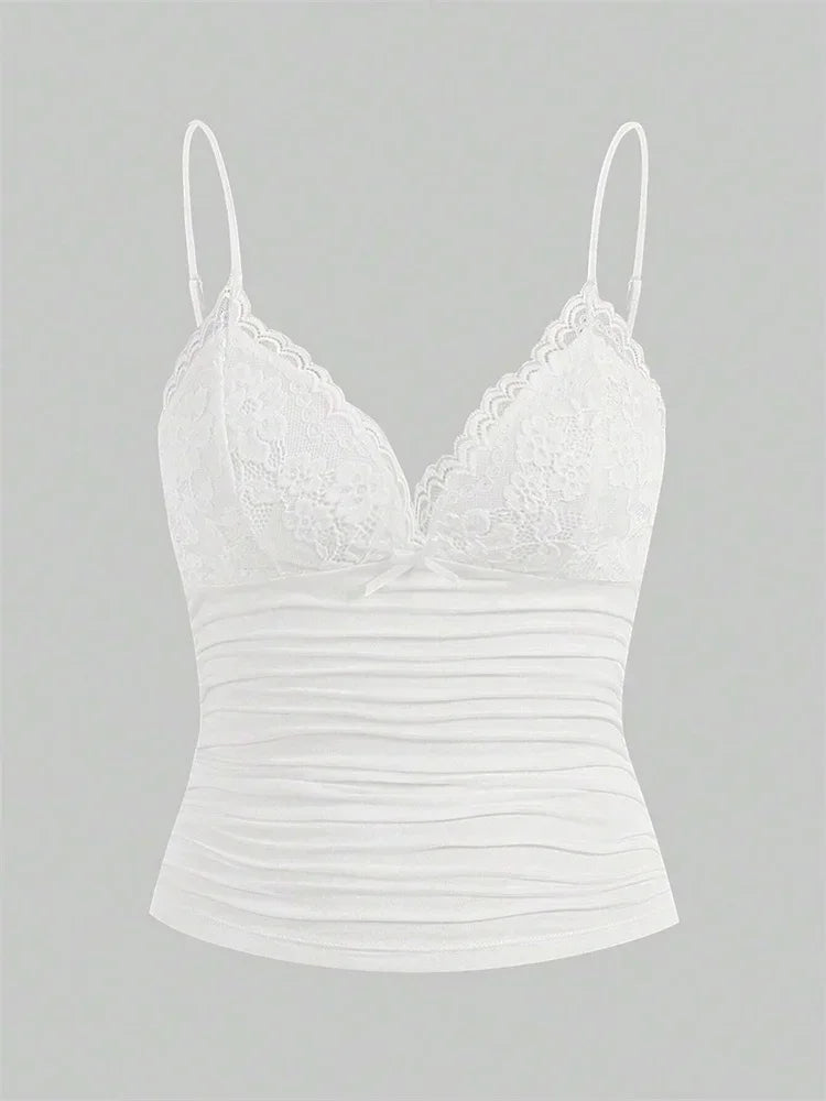 Sexy Contrast Lace Bow Front Crop Cami Top Women 2025 Summer Grunge Punk Y2K Clothes Ruched Skinny Backless Tee Shirt