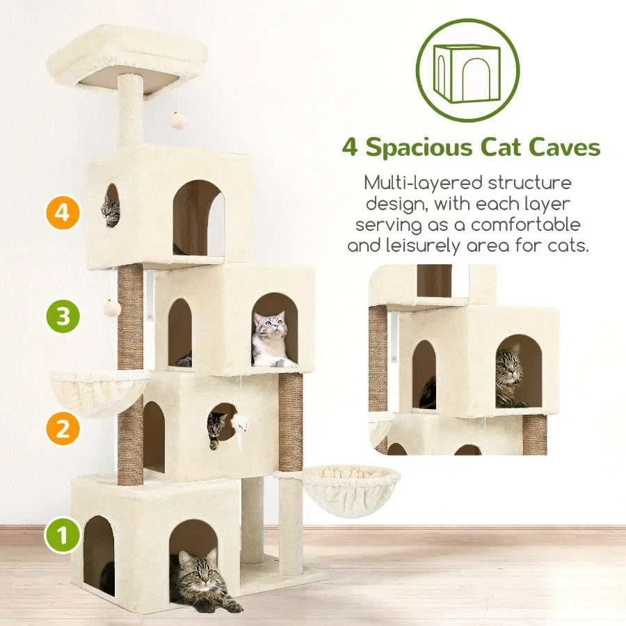 Large 70inch Tall Cat Tree Condo Tower with 4 Spacious Cat Condo Houses 3 Sisal Scratching Posts 2 Adjustable Hanging Baskets f