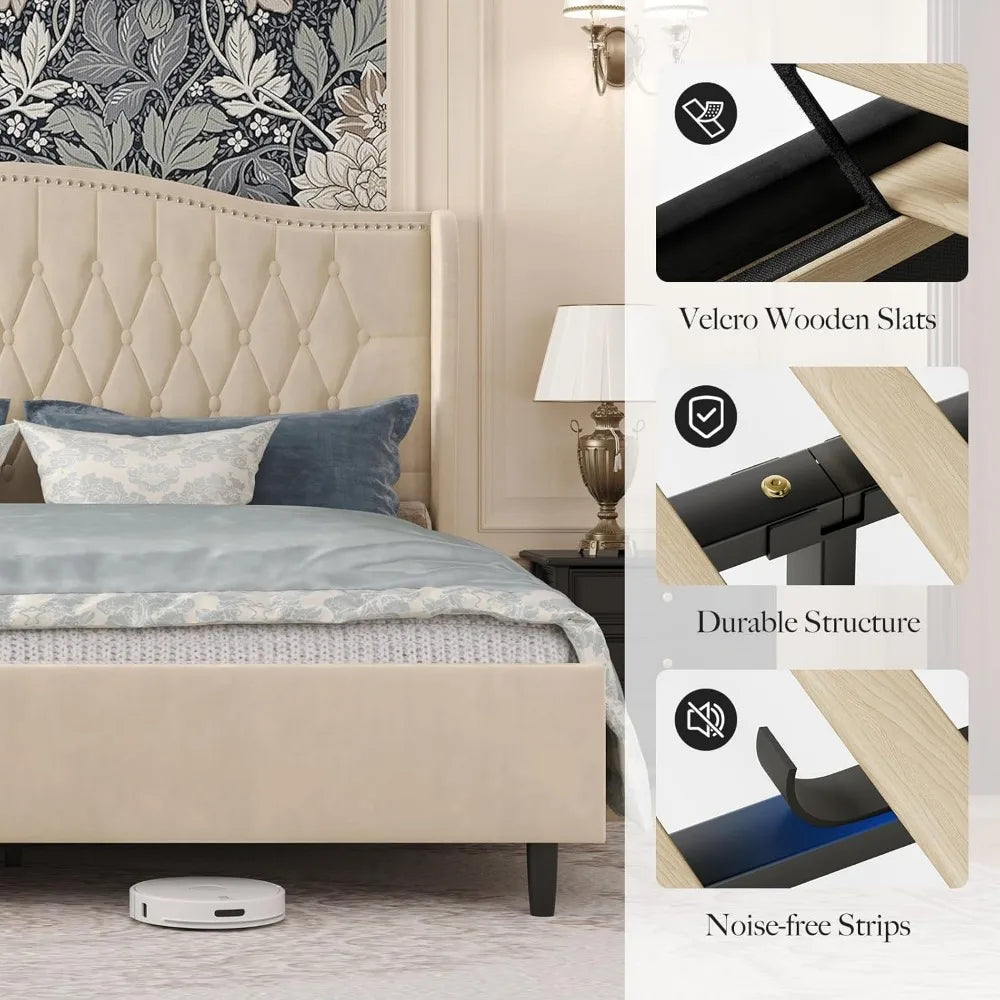 belffin king bed frame and headboard, luxury upholstered velvet platform bed with wingback, button tufted & nailhead trim, anti-