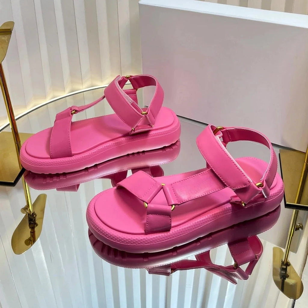 2025 New Arrival Summer Genuine Leather Open-Toe Thick Sole Woman Gladiator Sandals Magic Tape Beach Shoes Handmade Botas Mujer