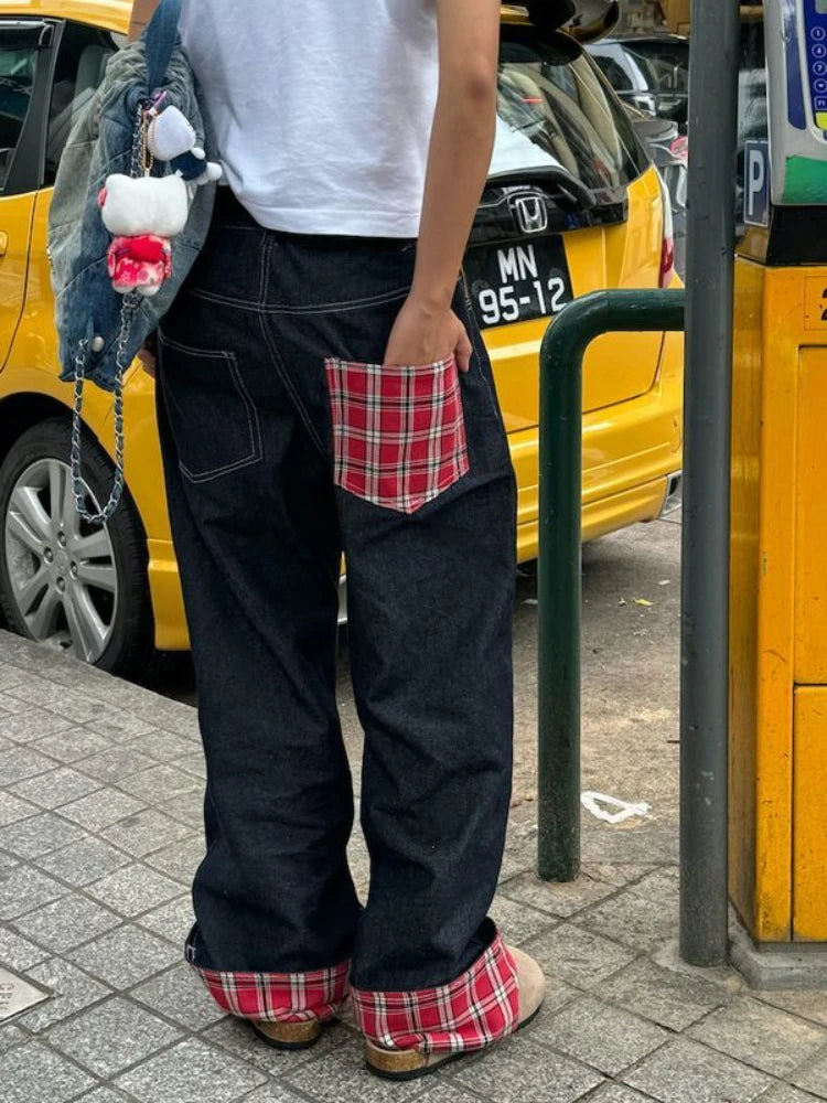 American retro plaid patchwork rolled edge women jeans high street Harajuku loose wide leg straight leg men and women pants