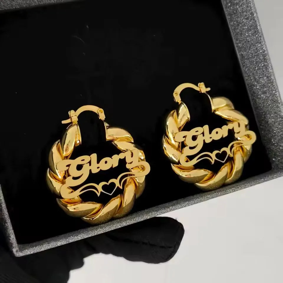 QiCai Custom Wholesale Personalized Name Heart Earrings 30mm Earrings Gold Stainless Steel Earrings Personalized Gift for Girls