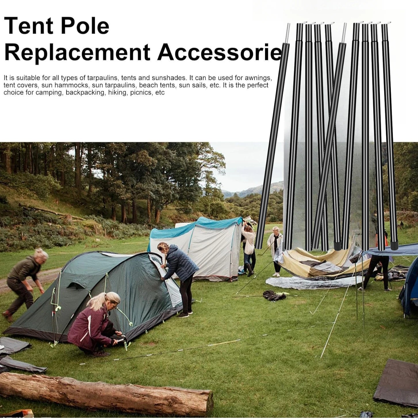 Set of 2 Tent Tarp Poles Universal Telescopic Adjustable Aluminium Camping Awning Poles Tent Accessories for Headroom Canopy