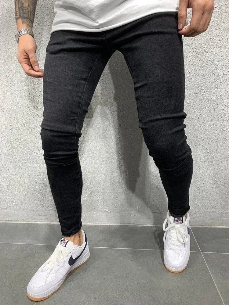 Male Hip-hop Trousers Pure Color Ripped Jeans Men Slim Long Pencil Pant Men Clothing High Quality Men Fashion Thin Skinny Jeans