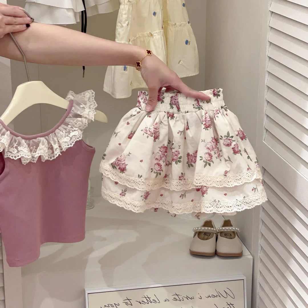 Baby Girls Clothes Sets Kids Dresses Set Child 2-Pieces Of Vest Top+Mini Skirt Bottom Toddle Casual Floral Dress Set Size 2-9Y