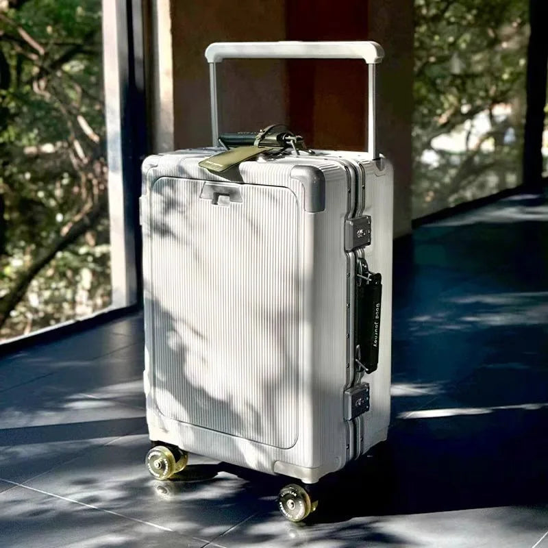 Front Opening Pocket Rolling Luggage Aluminum Frame Wide Handle Trolley Suitcase with Upgrade Silent Wheel USB Charging Plug TSA