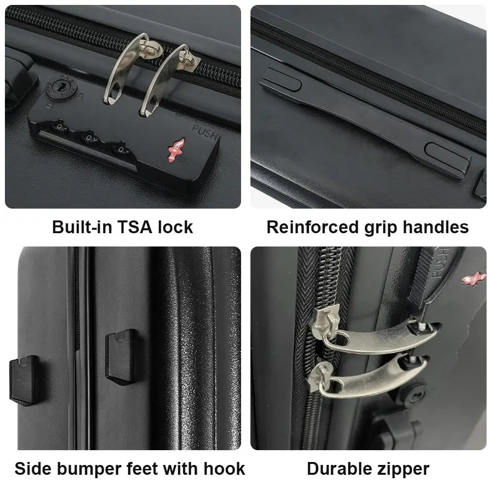 3 Piece ABS Hardshell Luggage Set 20 24 28 Inch Black Double Spinner Wheels with Travel Pillow Set for Business Leisure Vacation