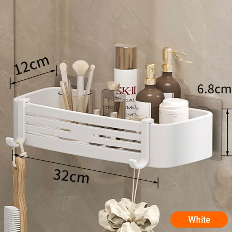 White Self-Adhesive Bathroom Shelf Storage Organizer Towel Holder Hook Wall Mounted Aluminium Corner Bathroom Shelves No Drill