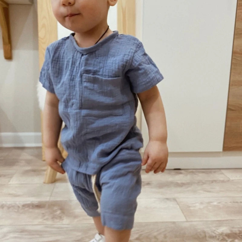 Baby Girls Boys Outfit Suit Cotton Linen Children Clothes Set Toddler Solid Casual T-shirt Kids Tops Summer Shorts Pants