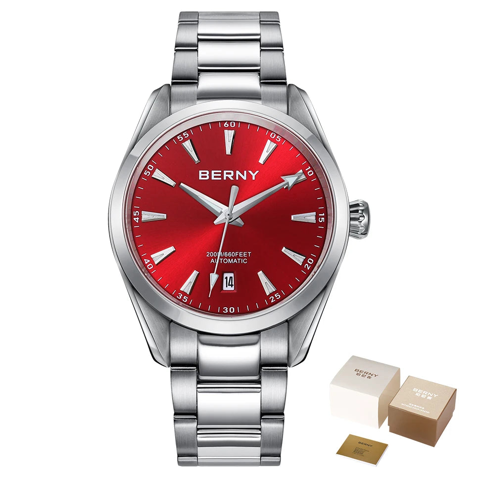 BERNY Men Mechanical Wristwatch PT5000 Automatic Watch For Male Stainless Steel Luminous Sapphire 20ATM Waterproof Mens Watch