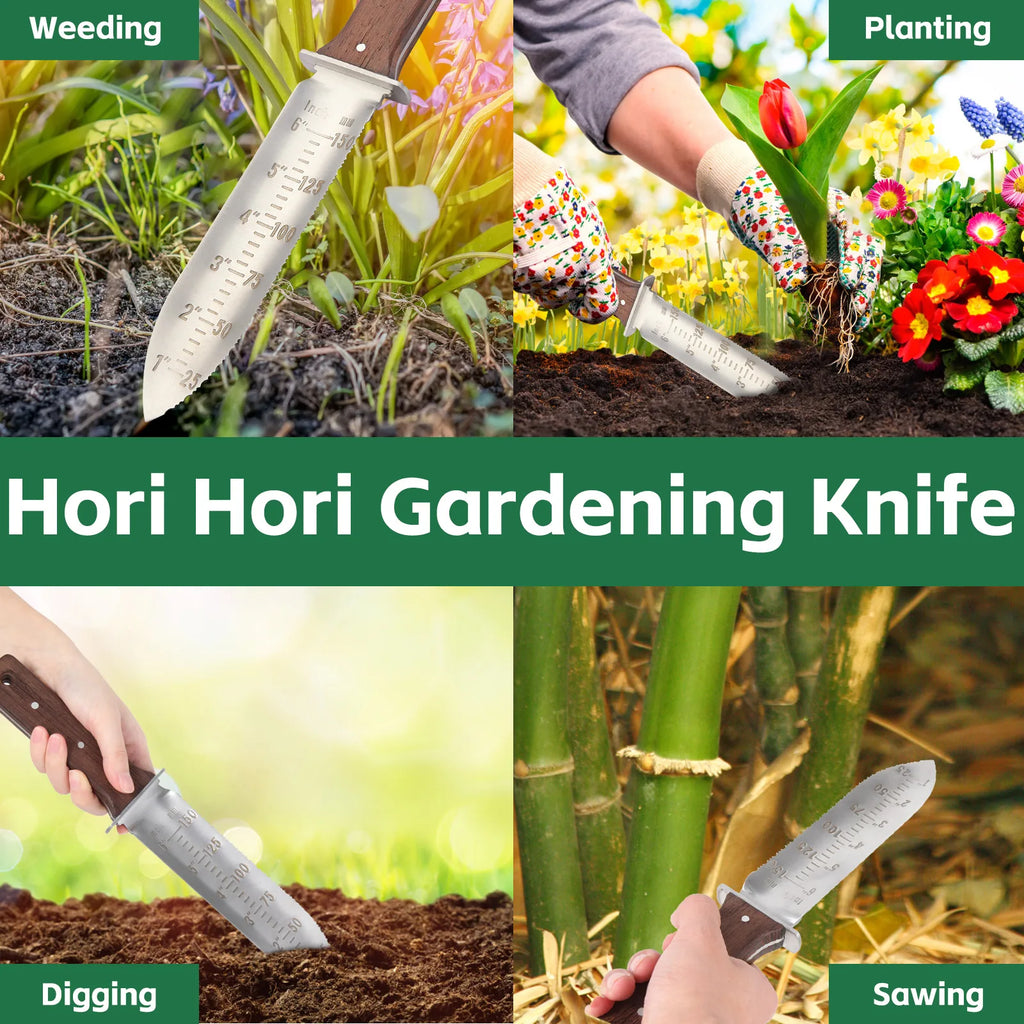 FEITA Hori Hori Garden Knife with Leather Sheath and Sharpening Stone, Garden Soil Knife Tools Gifts for Weeding, Digging