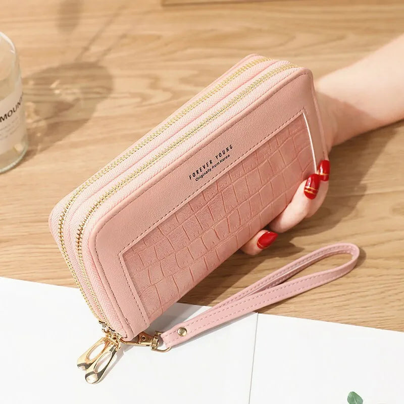 Double Zipper Long Wallet For Women Large Capacity PU Leather Clutch Mobile Phone Bag Coin Cash Card Holder Purse